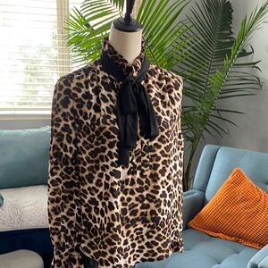 New York & Company Leopard Print Blouse with Black Bow